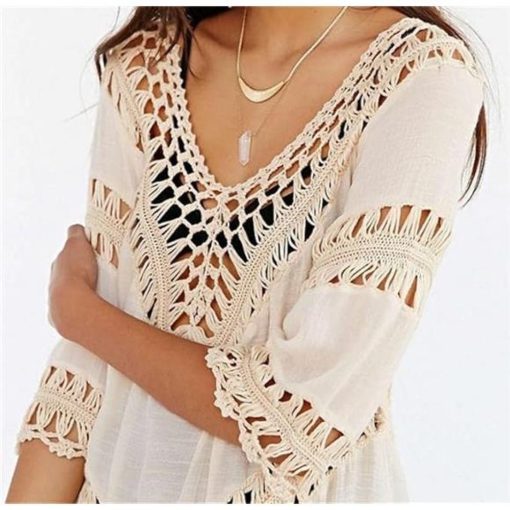Boho Beige V-Neck Cut Out Crochet Tunic Top Blouse Shirt Beach Swimsuit Cover Up